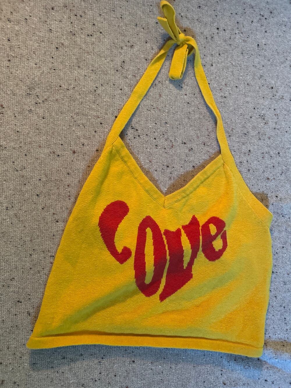 Forever 21 LOVE Mustard Yellow Halter Sweater Medium Top Boho Festival Hippie